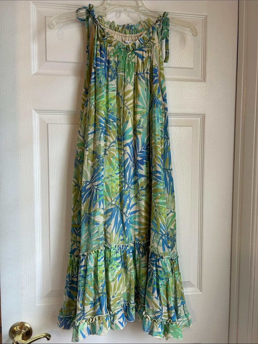 Robbie Bee Cream Dress with Blue & Green Leaf Print